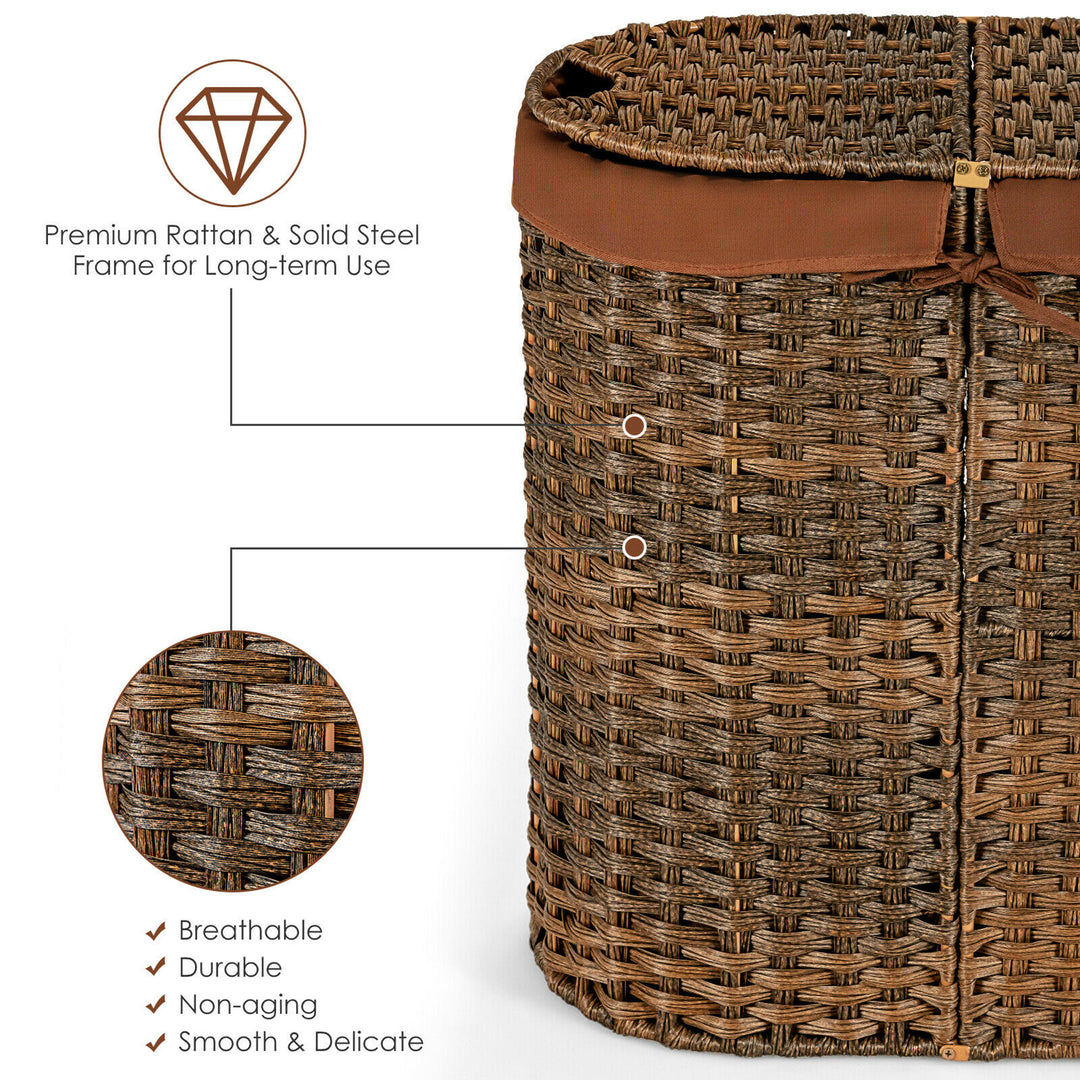 Costway Handwoven Laundry Hamper Laundry Basket w/2 Removable Liner Bags Brown - Brown_6