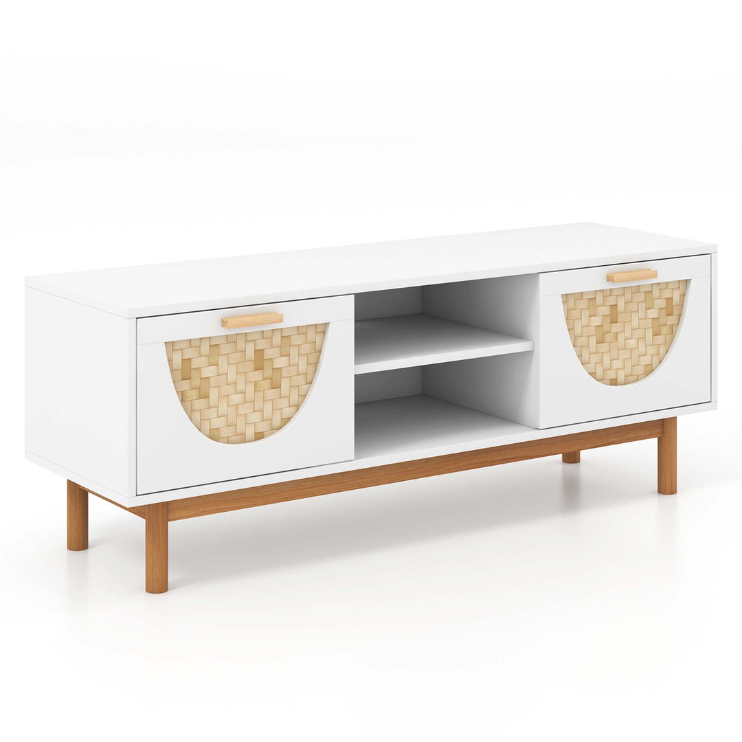 Costway - TV Stand for 55-Inch TVs with 2 Drawers & Bamboo Woven Fronts Solid Wood Legs White - White/Natural_9