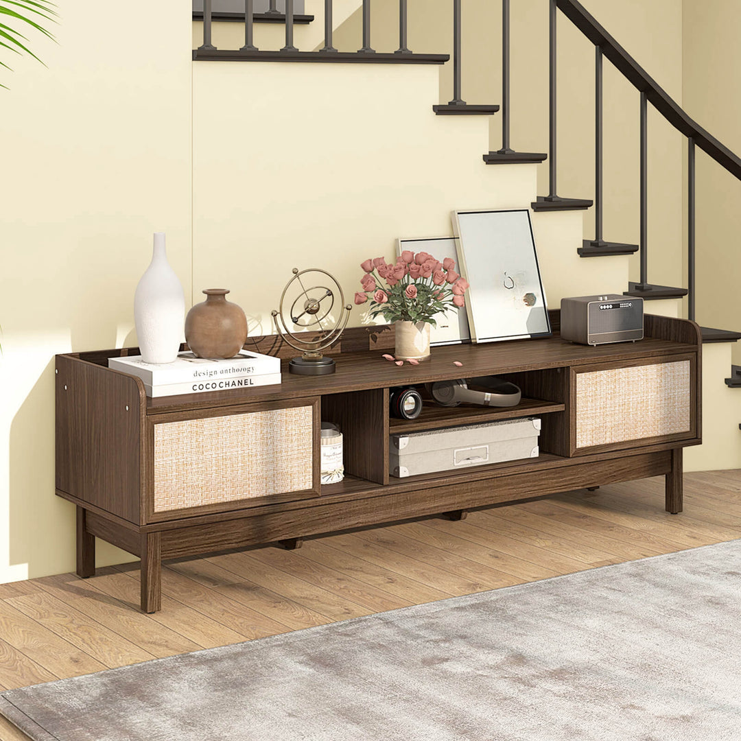 Costway - Wooden TV Stand for TVs up to 65" with Storage Adjustable Shelf & Sliding Doors Walnut - Walnut/Beige_7