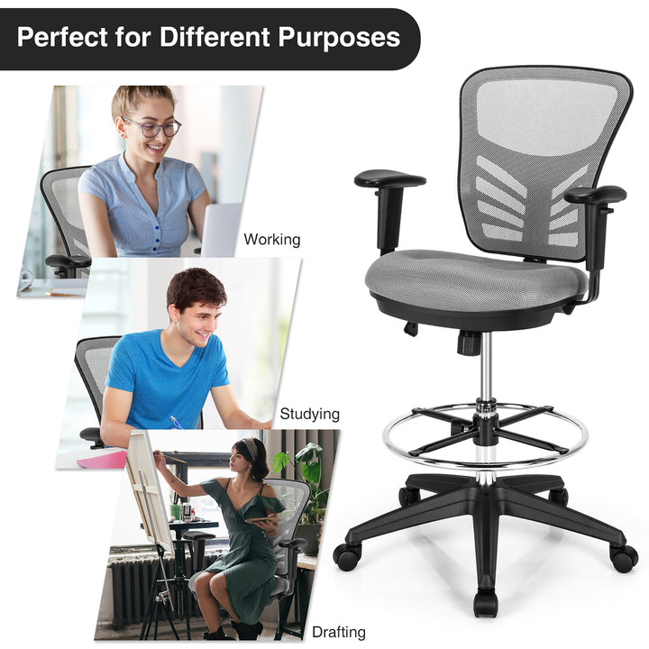 Costway - Mesh Drafting Chair Office Chair with Adjustable Armrests and Foot-Ring - Gray_4