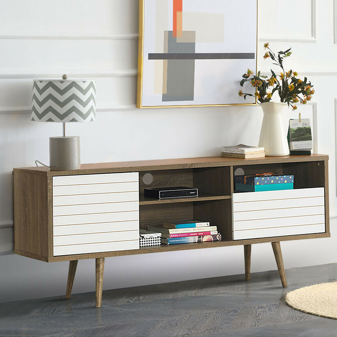 Costway - Modern TV Stand/Console Cabinet 3 Shelves Storage Drawer Splayed Leg Wood/White - Oak/White_2