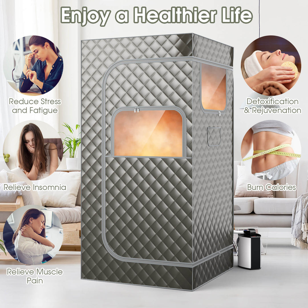 Costway - Portable Steam Sauna for Home Full Body Sauna Box with 3L Steam Generator - Gray_9