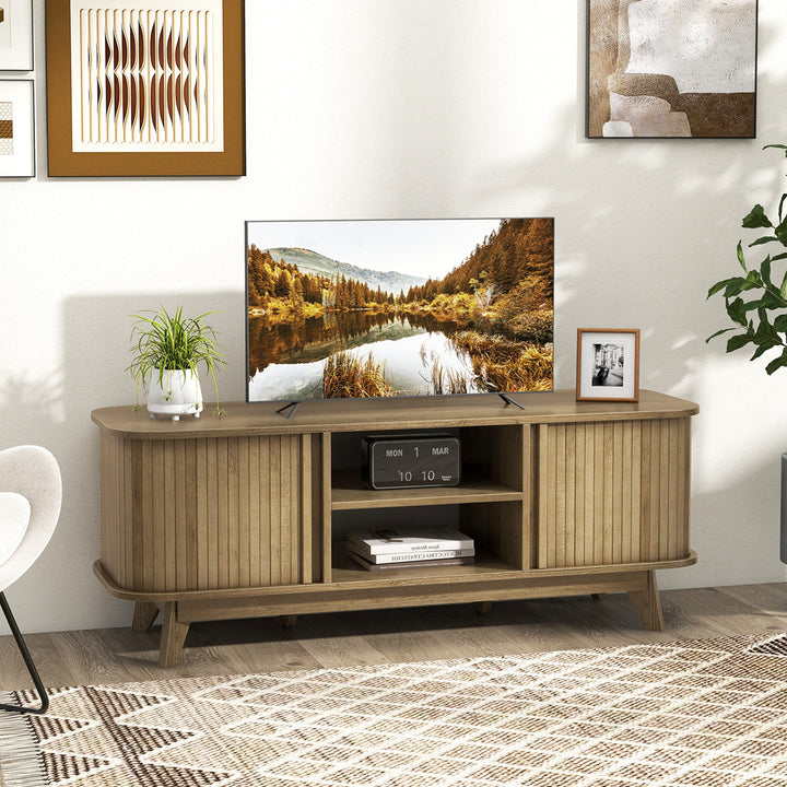 Costway - TV Stand for TV up to 55 Inch Television Cabinet with 2 Open Shelves Sliding Doors - Oak_3