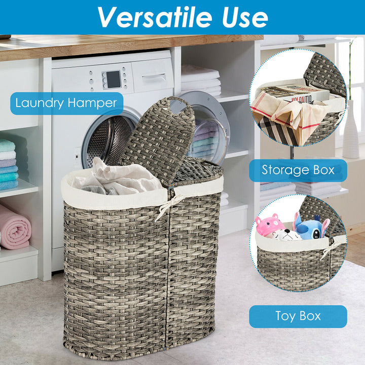 Costway Handwoven Laundry Hamper Laundry Basket w/2 Removable Liner Bags Grey - Grey_4