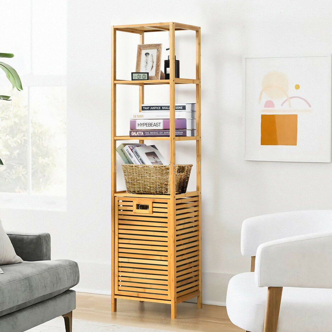 Costway Bathroom Tilt-out Laundry Hamper Bamboo Tower Hamper w/3-Tier Shelves - Natural Color_3