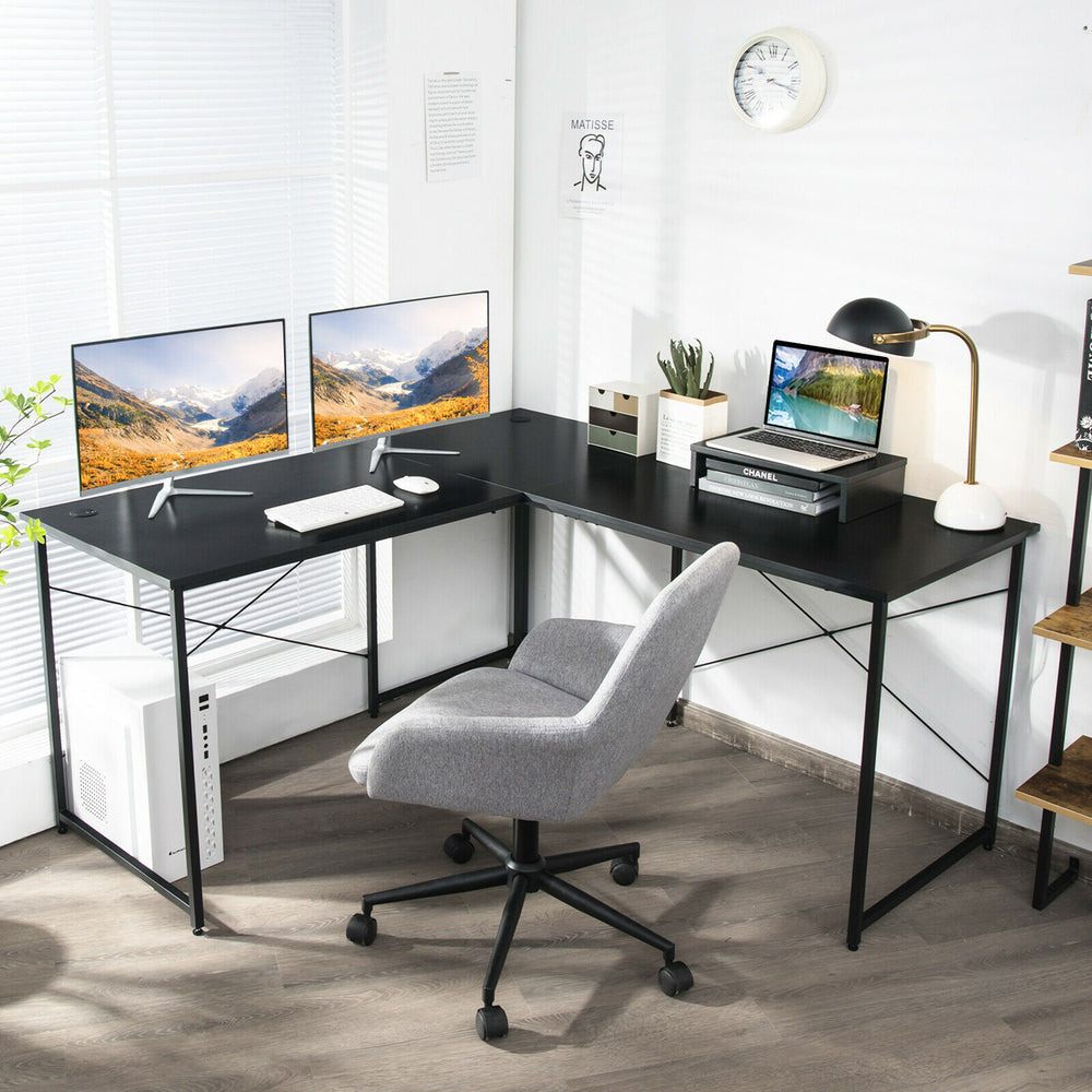 Costway - L-Shaped Reversible Computer Desk 2-Person Long Table with Monitor Stand - Black_1