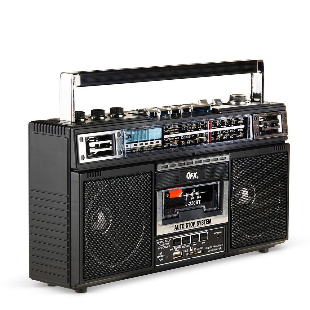 QFX - RECHARGEABLE CASSETTE AM/FM/SW1-2 RADIO BLUETOOTH BOOMBOX WITH USB RECORDING - Black_1