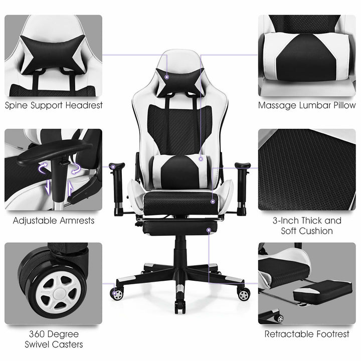 Costway - Massage Gaming Chair Reclining Office Chair with Footrest - White_9