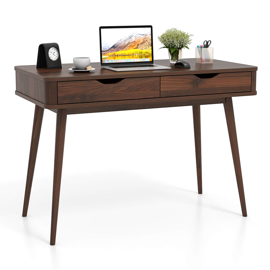 Costway - 43.5" Writing Desk with 2 Drawers Anti-Tipping Kits and Solid Rubber Wood Legs - Walnut_0