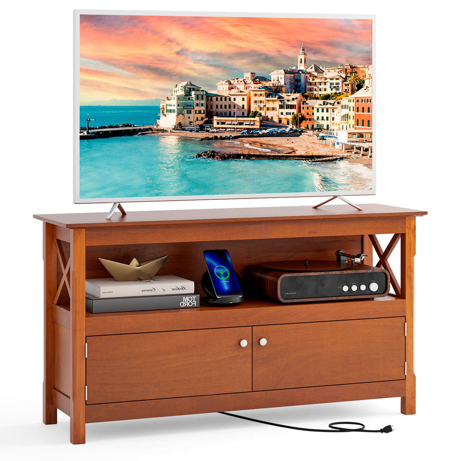 Costway - 44" TV Stand Console Wooden Storage Cabinet Shelf Media Center Television Stand - Brown_0