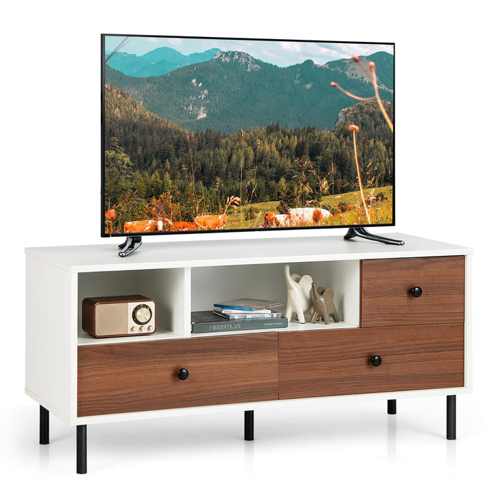 Costway - Mid-Century TV Stand Media Entertainment Center Console w/2 Cubbies & 3 Drawers - White/Walnut_0