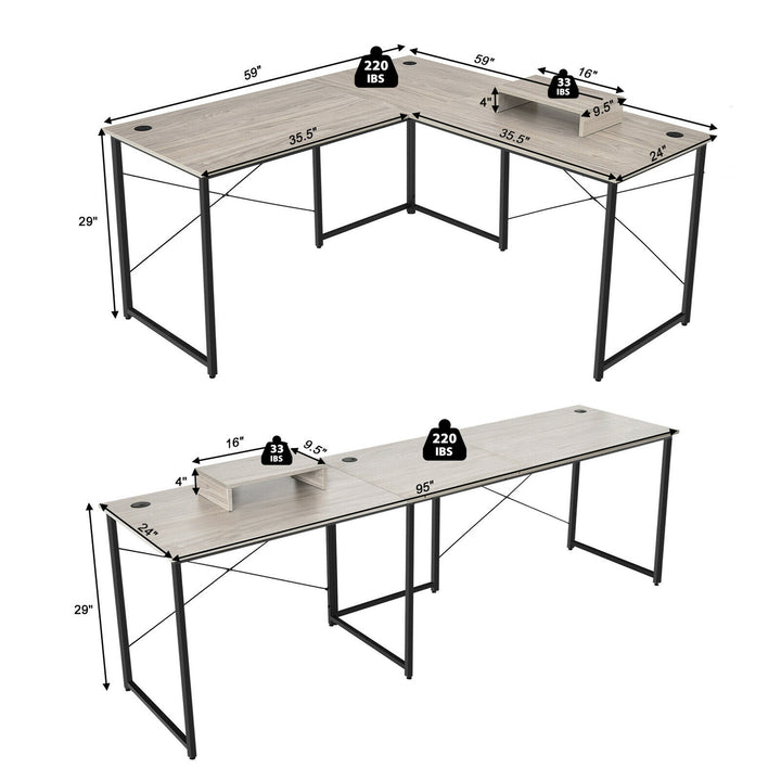 Costway - L-Shaped Reversible Computer Desk 2-Person Long Table with Monitor Stand - Gray_3