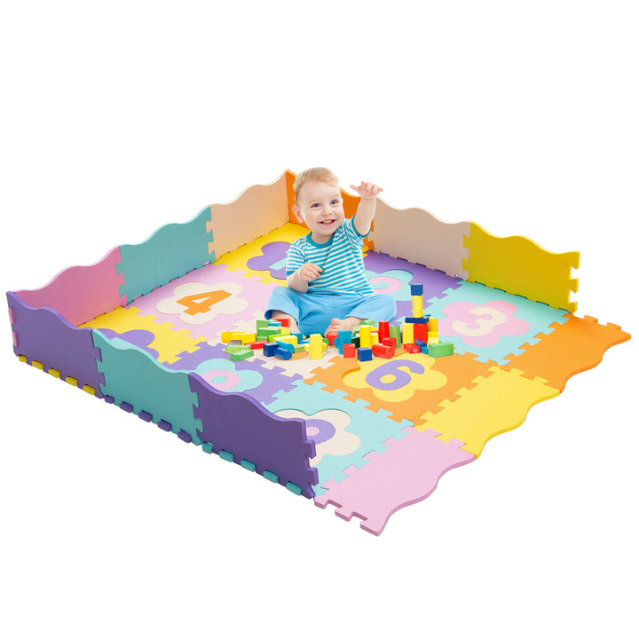 Costway 75 Pieces Baby Foam Interlocking Play Mat w/ Fence w/Detachable Numbers - Multi-Color_9