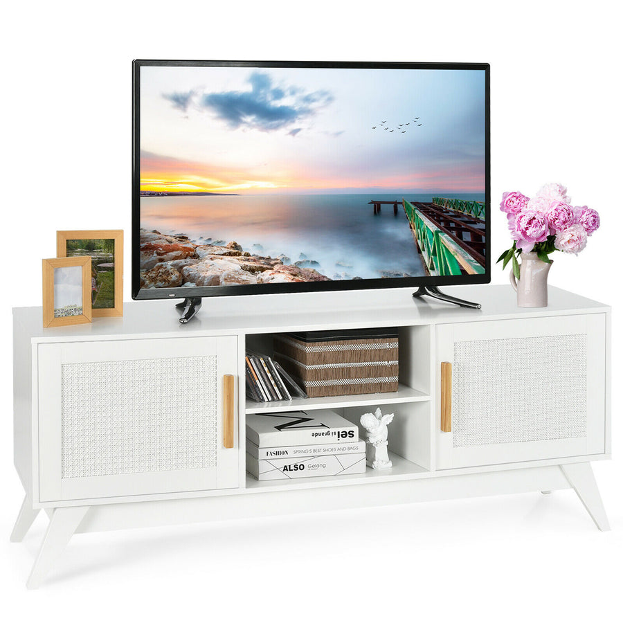 Costway - TV Stand Entertainment Media Console w/ 2 Rattan Cabinets & Open Shelves - White_0