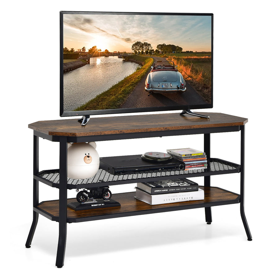 Costway - 3-tier TV Stand Console Table Media Entertainment Center w/Mesh Storage Shelf - Rustic Brown/Black_0