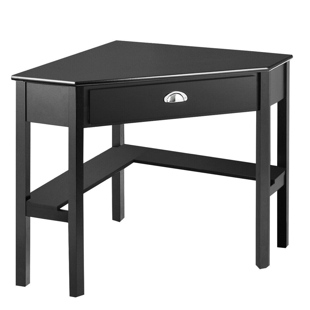 Costway - Triangle Computer Desk Corner Office Desk Laptop Table with Drawer Shelves - Rustic Black_3