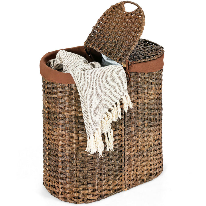 Costway Handwoven Laundry Hamper Laundry Basket w/2 Removable Liner Bags Brown - Brown_0