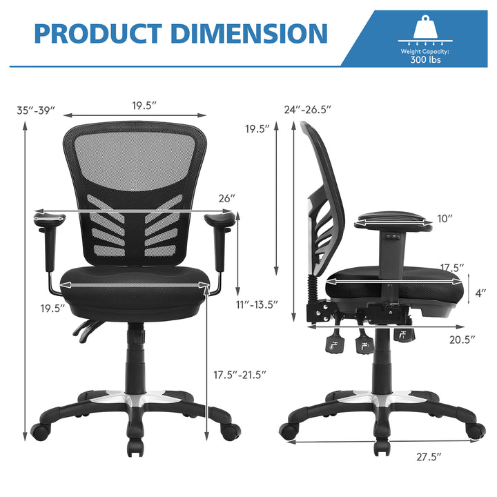 Costway - Mesh Office Chair 3-Paddle Computer Desk Chair with Adjustable Seat - Black_2