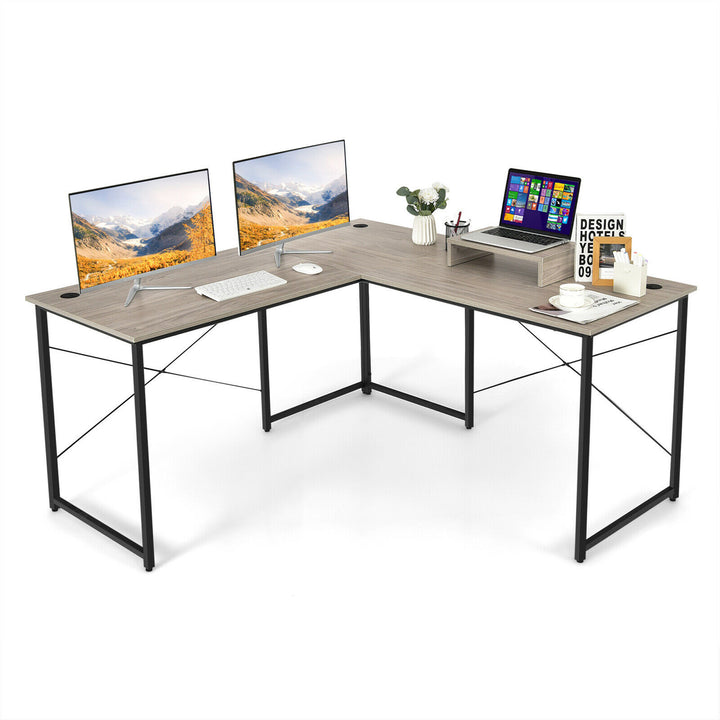 Costway - L-Shaped Reversible Computer Desk 2-Person Long Table with Monitor Stand - Gray_0