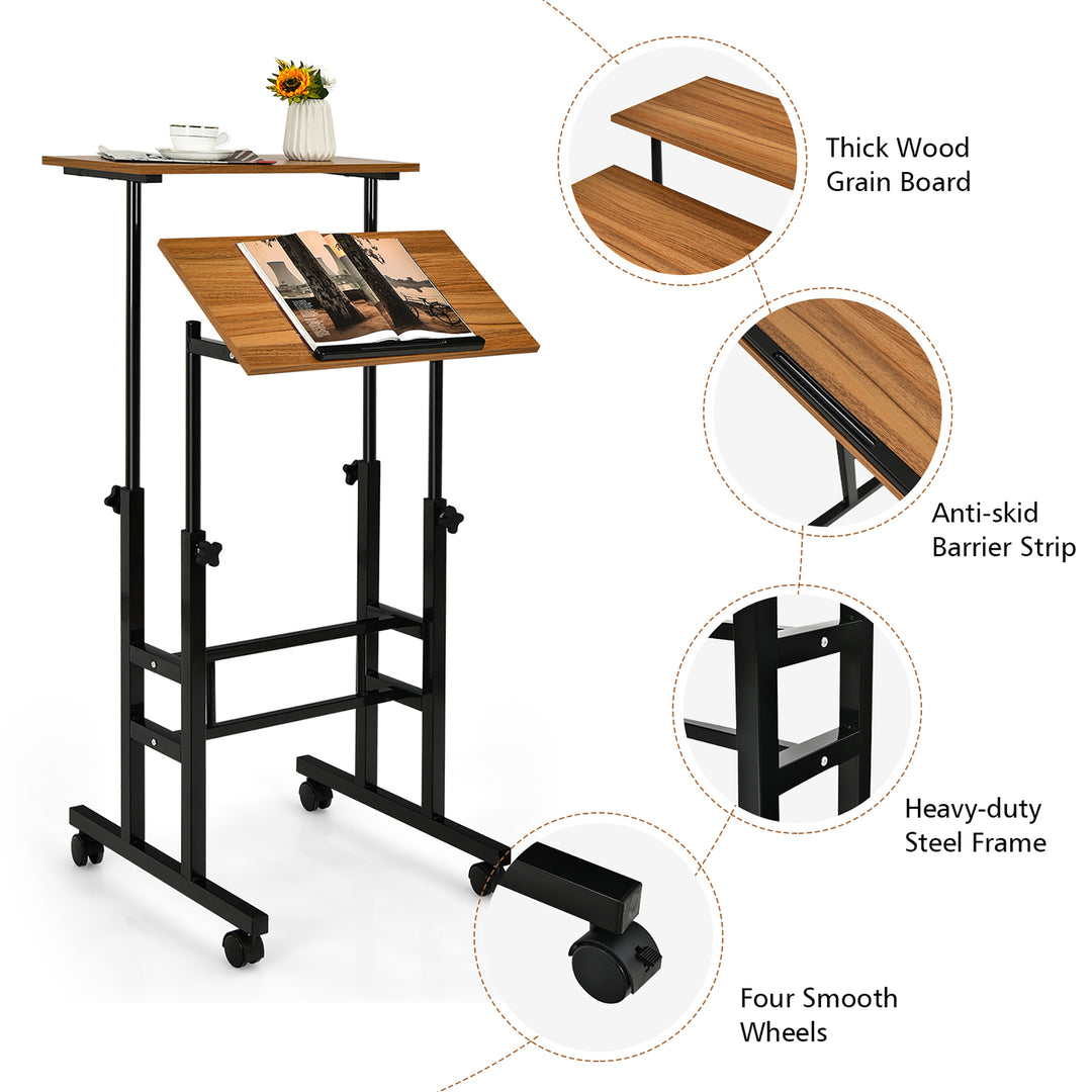 Costway - Mobile Standing Desk Rolling Adjustable Laptop Cart Home Office - Walnut_8