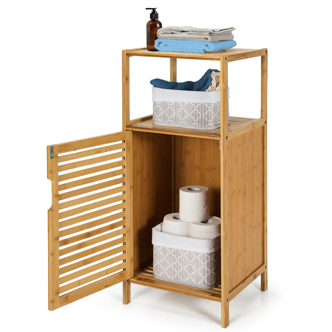 Costway Bamboo Bathroom Storage Floor Cabinet w/Door and Shelf Corner Cabinet - Burlywood_8