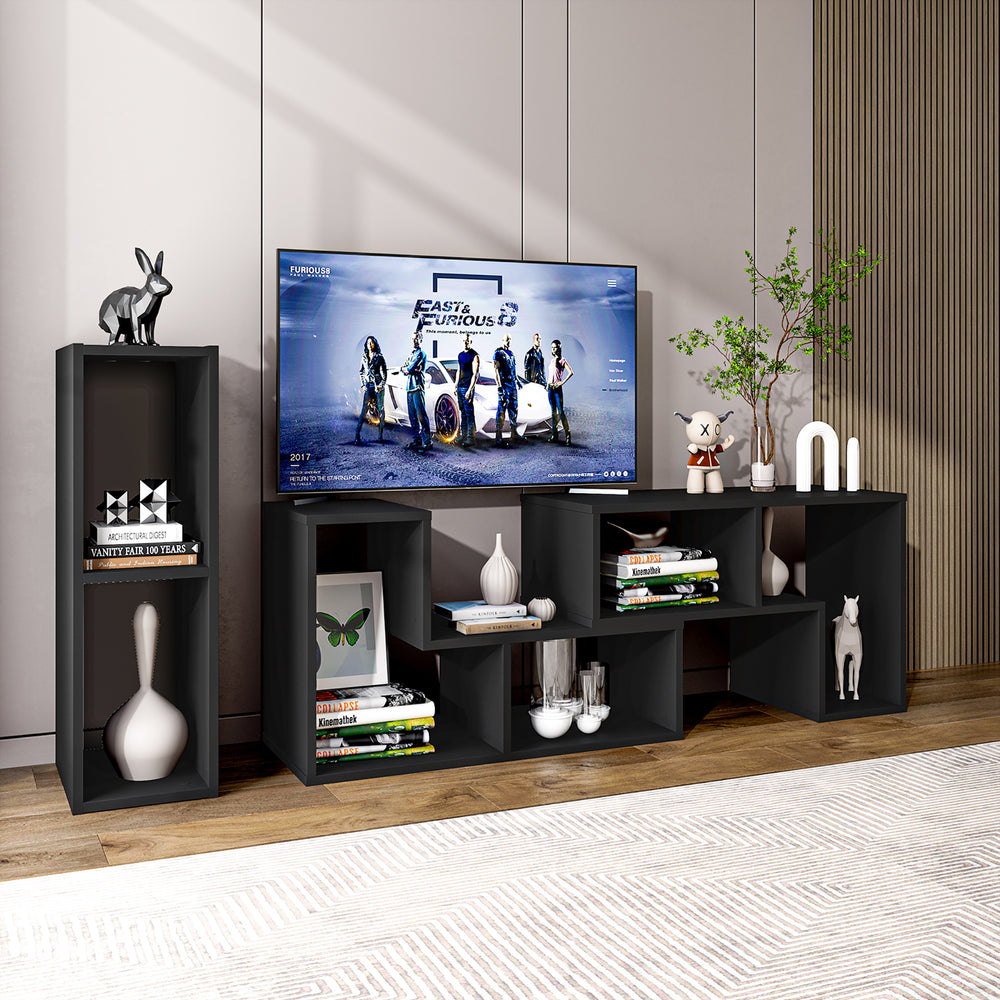 Costway - 3 Pieces TV Console Stand Modern Entertainment Center Storage Bookcase Black - Black_1