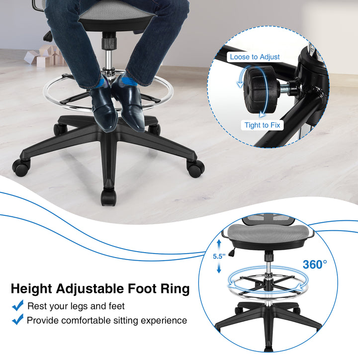 Costway - Mesh Drafting Chair Office Chair with Adjustable Armrests and Foot-Ring - Gray_8