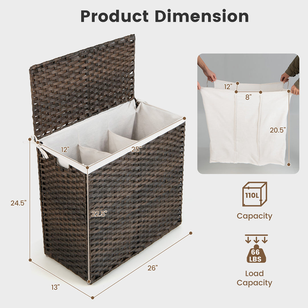 Costway 110L 3-Section Laundry Hamper w/Lid&Handle PE Rattan Clothes Hamper w/Liner Bag - Brown_3