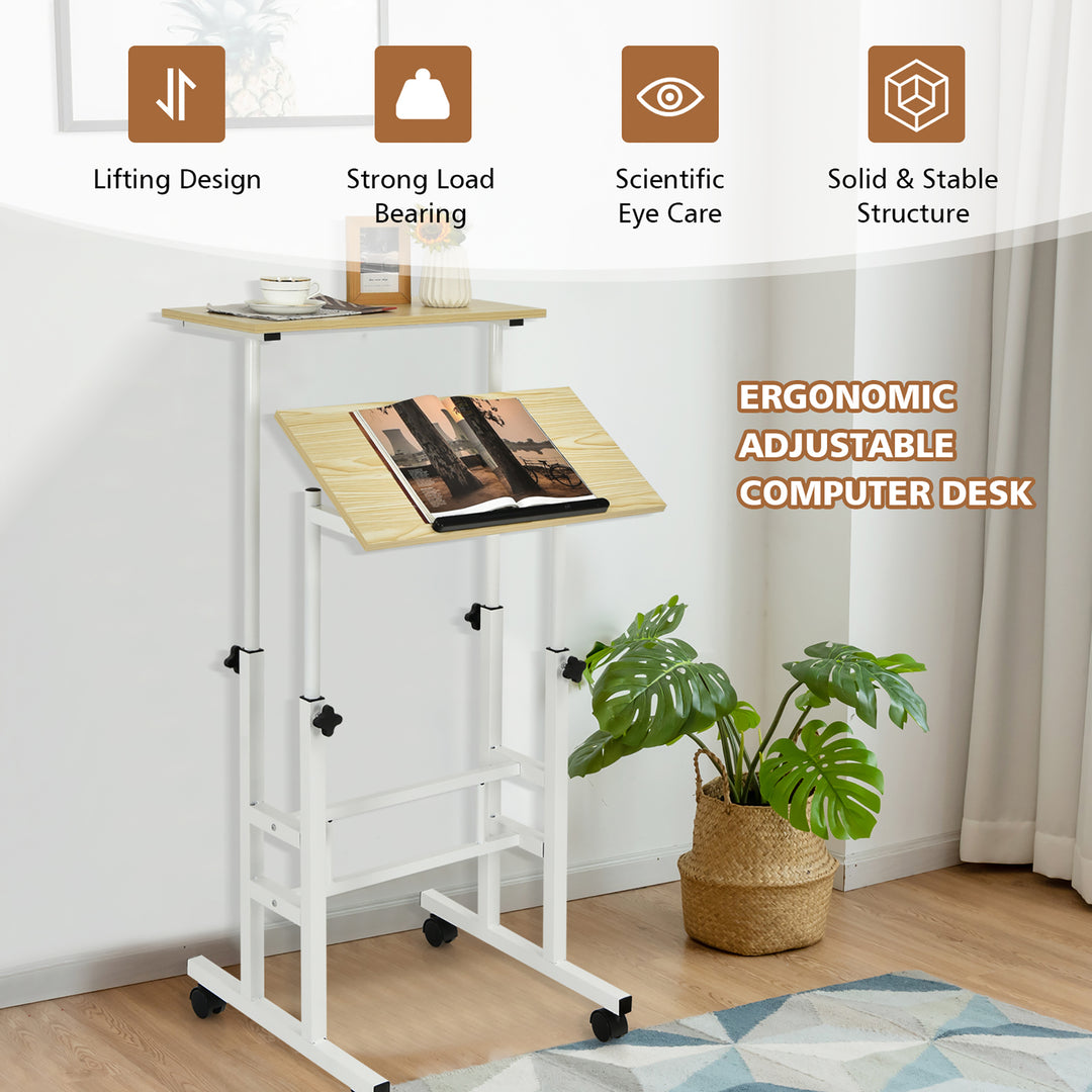 Costway - Mobile Standing Desk Rolling Adjustable Laptop Cart Home Office - Natural_4