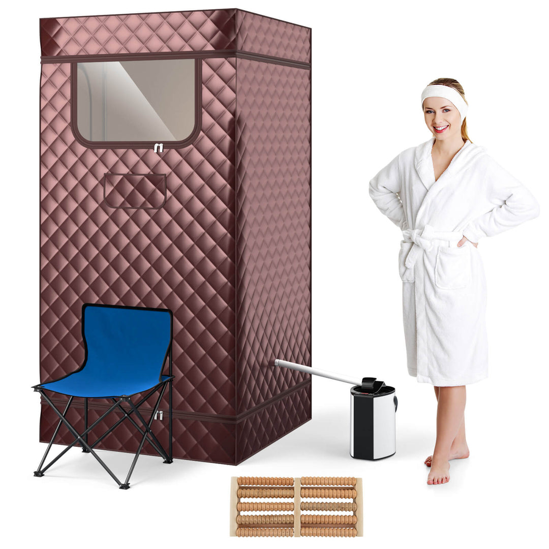 Costway - Portable Steam Sauna for Home Full Body Sauna Box with 3L Steam Generator - Brown_0