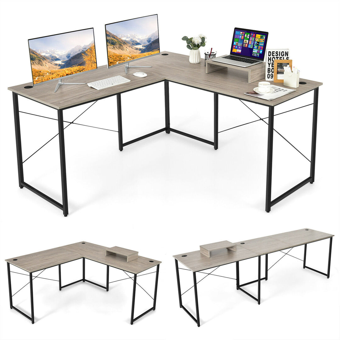 Costway - L-Shaped Reversible Computer Desk 2-Person Long Table with Monitor Stand - Gray_9