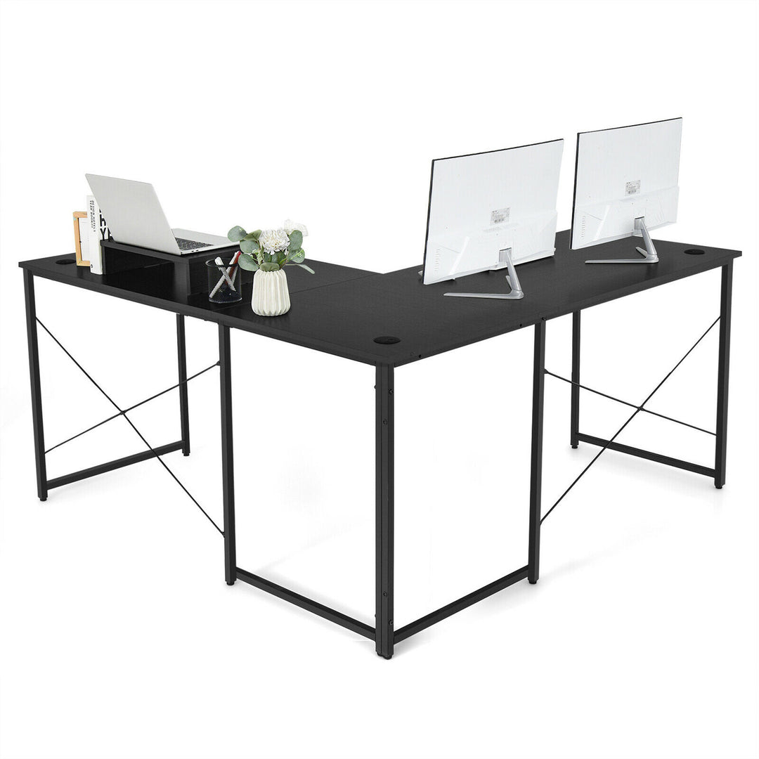 Costway - L-Shaped Reversible Computer Desk 2-Person Long Table with Monitor Stand - Black_8