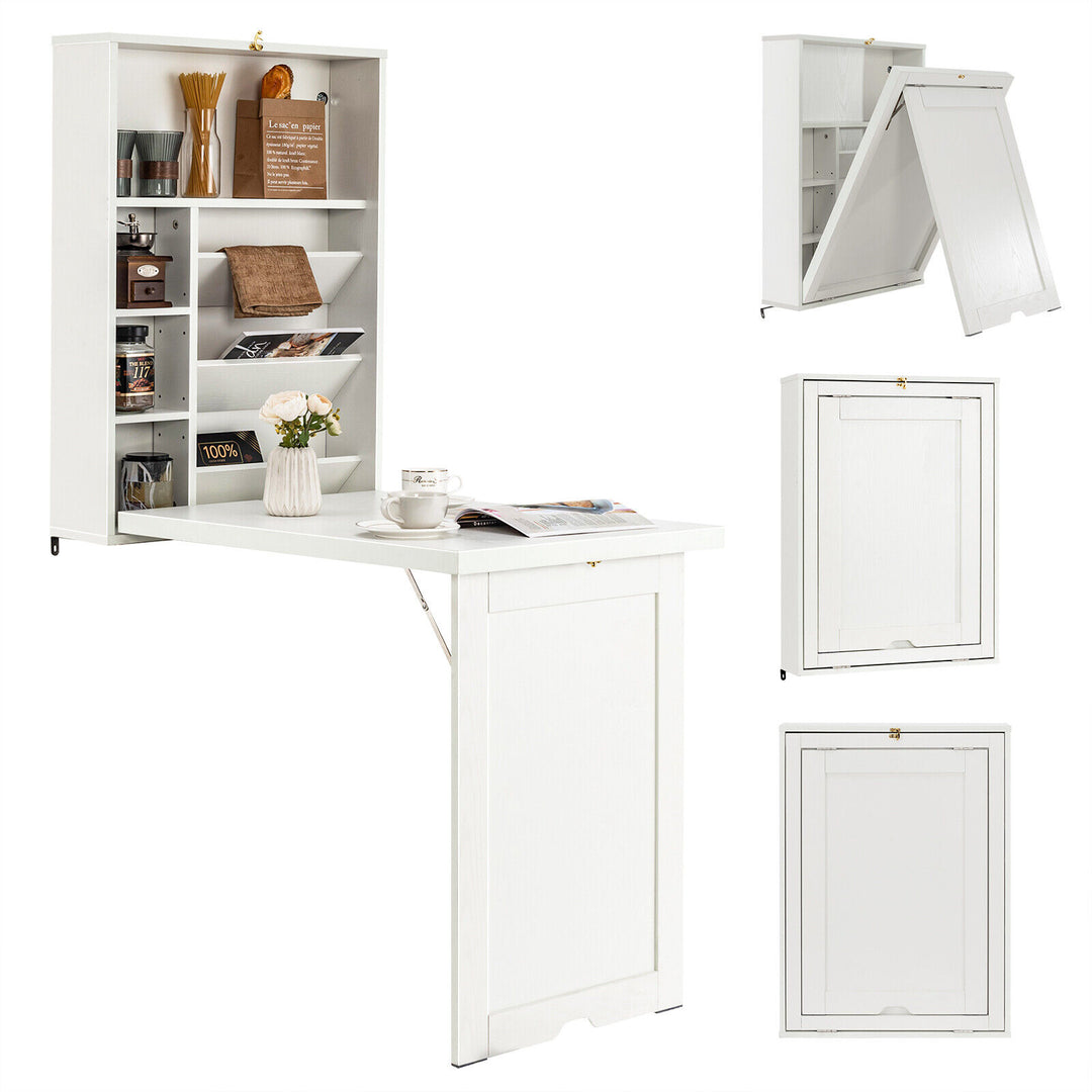 Costway - Wall Mounted Computer Convertible Desk Floating Desk with Storage Bookcases - White_9