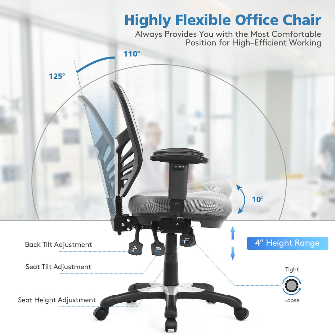 Costway - Mesh Office Chair 3-Paddle Computer Desk Chair with Adjustable Seat - Gray_4