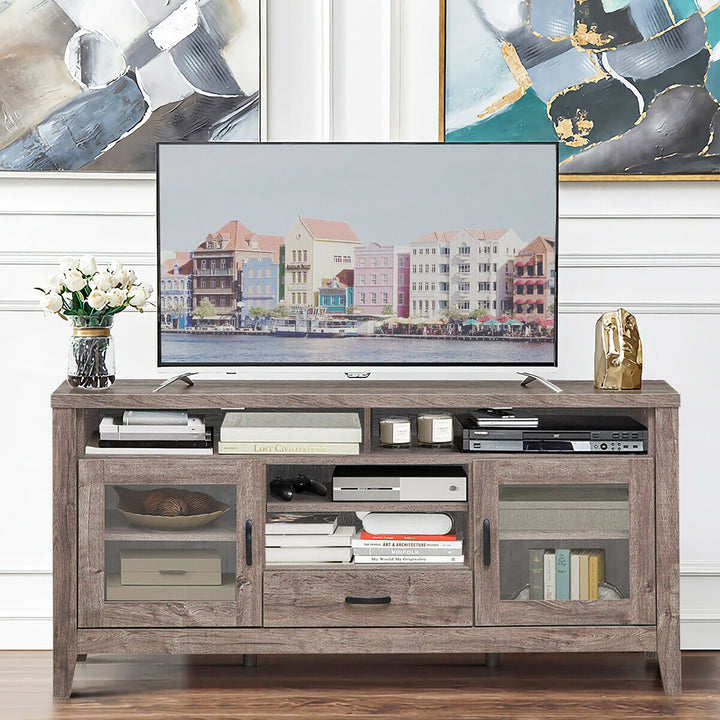 Costway - TV Stand Tall Entertainment Center Hold up to 65'' TV w/ Glass Storage & Drawer - Walnut_3