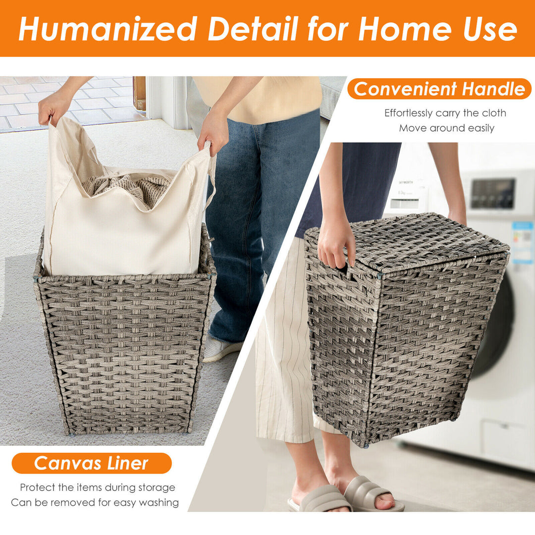 Costway Handwoven Laundry Hamper Foldable w/Removable Liner, Lid & Handles Grey - Grey_8