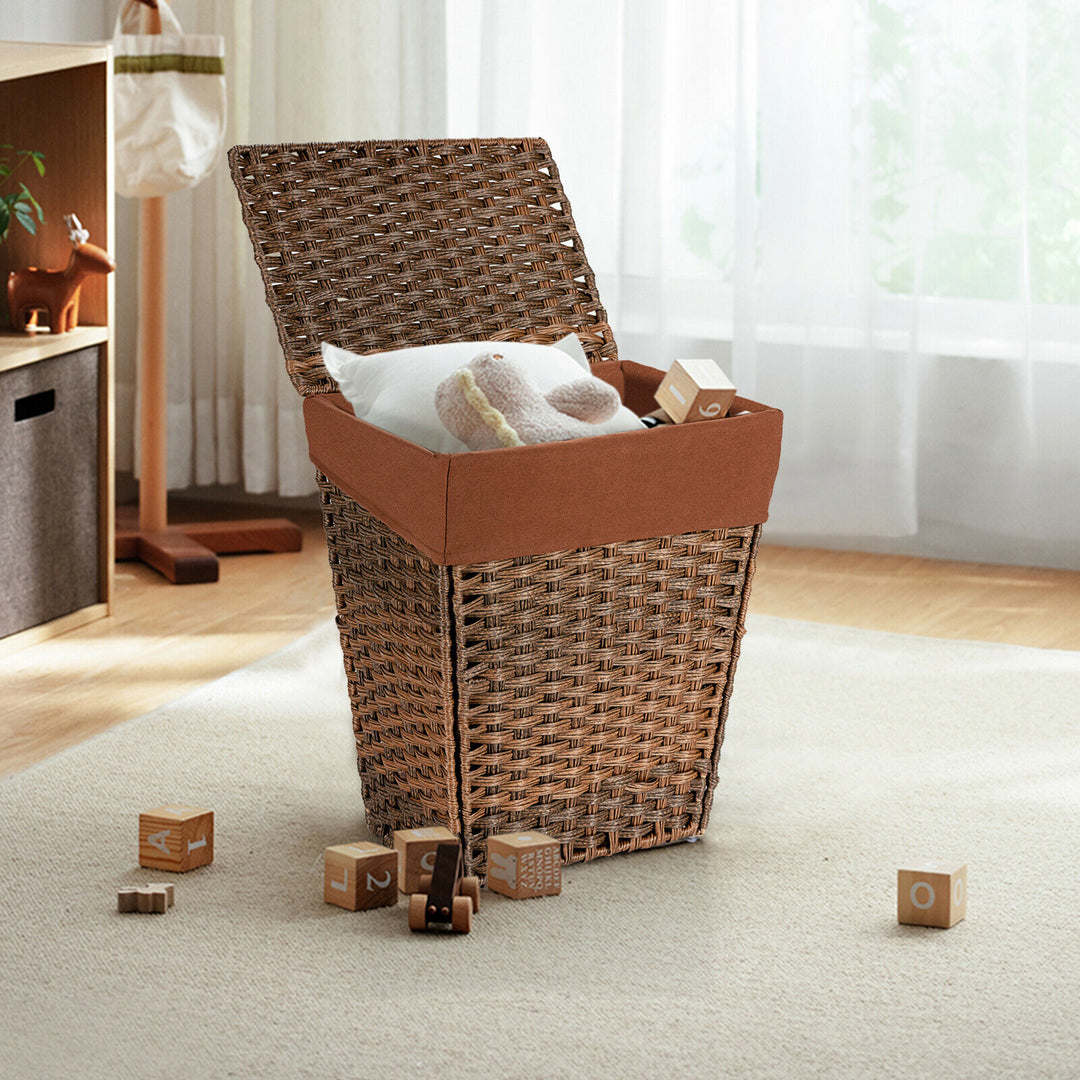 Costway Handwoven Laundry Hamper Foldable w/Removable Liner, Lid & Handles Brown - Brown_3