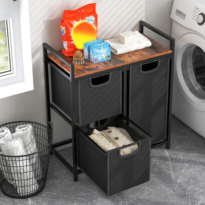 Costway Freestanding Laundry Hamper Basket Organizer w/ 3 Pull-Out Removable Bags - Black, Rustic Brown_3