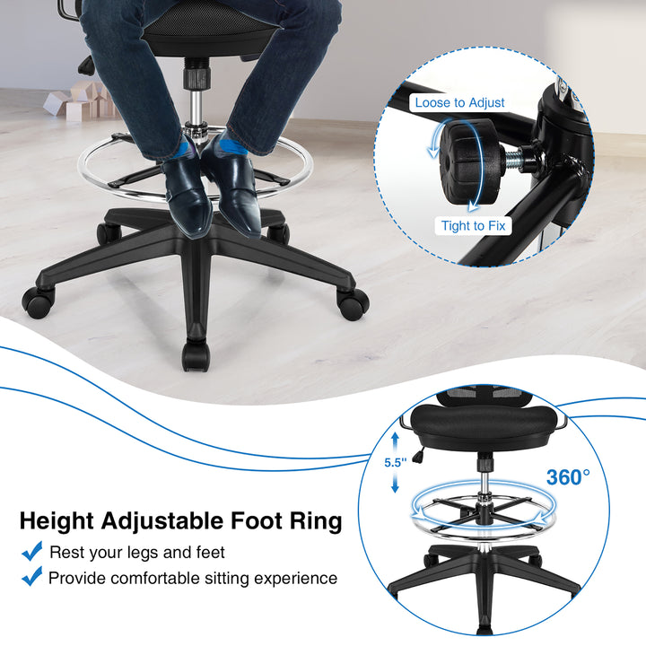 Costway - Mesh Drafting Chair Office Chair with Adjustable Armrests and Foot-Ring - Black_8