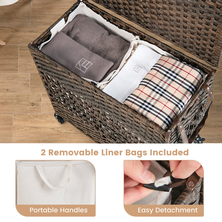 Costway 110L Laundry Hamper w/Wheels Clothes Basket w/Lid and Handle and 2 Liner Bags - Brown_7