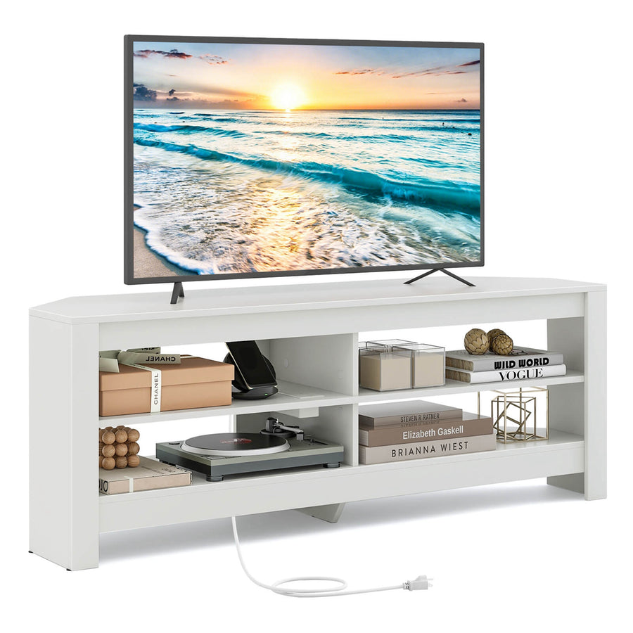 Costway - 3-Tier Corner TV Stand with Power Outlet 4 Open Storage Shelves for Living Room White - White_0