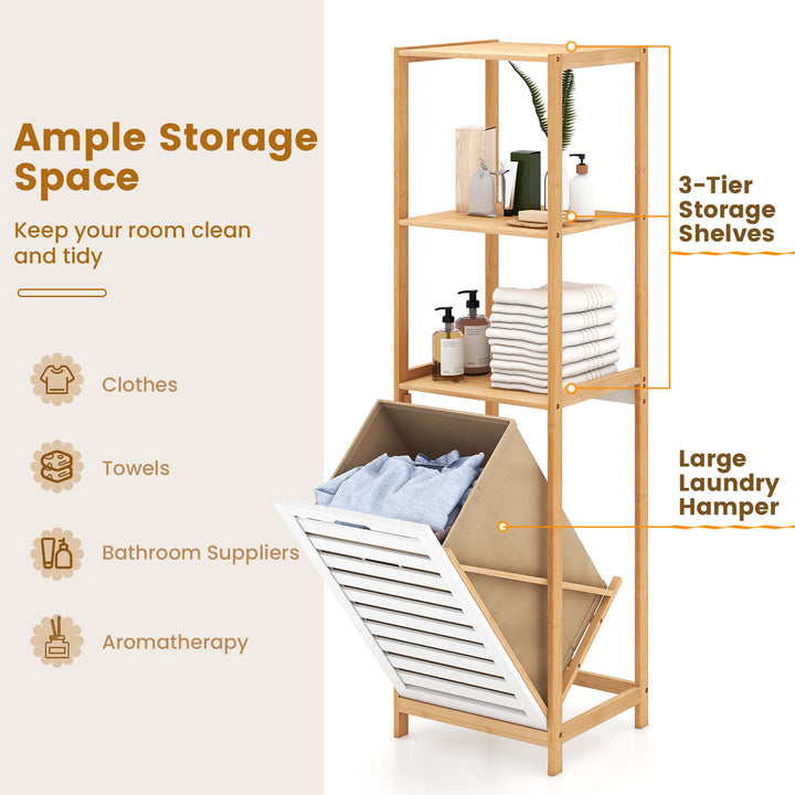 Costway Tilt-Out Laundry Hamper with 3-Tier Shelf Removable Liner Lightweight Design - Natural/White_7