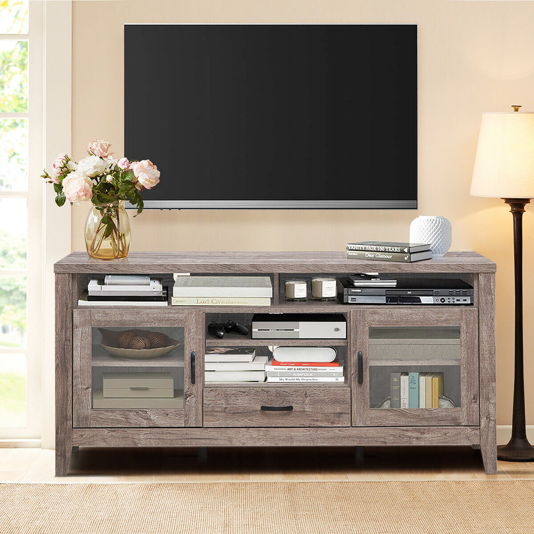 Costway - TV Stand Tall Entertainment Center Hold up to 65'' TV w/ Glass Storage & Drawer - Walnut_4