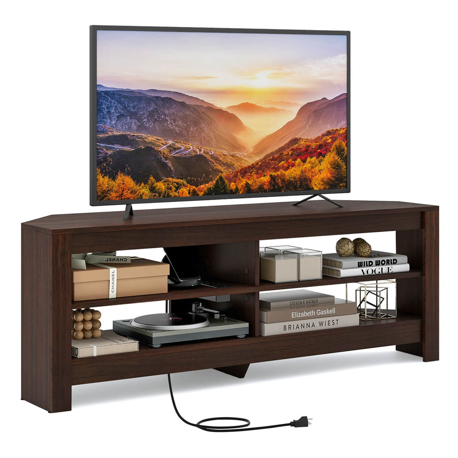 Costway - 3-Tier Corner TV Stand with Power Outlet 4 Open Storage Shelves for Living Room Brown - Brown_0