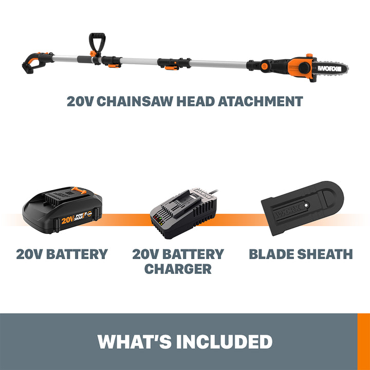WORX - 20V 8" Cordless Pole Chainsaw with Auto Tension (1 x 2.0 Ah Battery and 1 x Charger) - Black_4