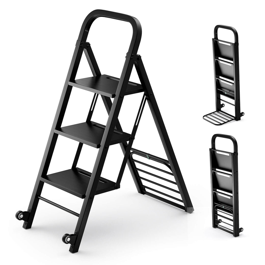 Costway - 2-in-1 Ladder and Hand Truck Combo Collapsible 3-Step Ladder with Wheels - Black_0