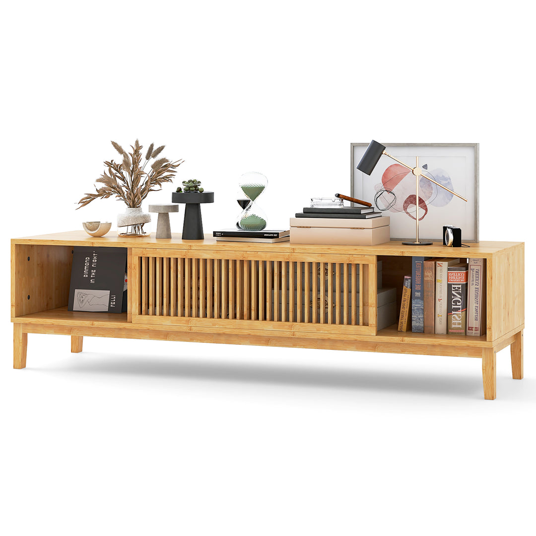 Costway - TV Stand for TVs up to 65 Inches w/ Sliding Slatted Doors 5 Cable Holes Natural - Natural_9