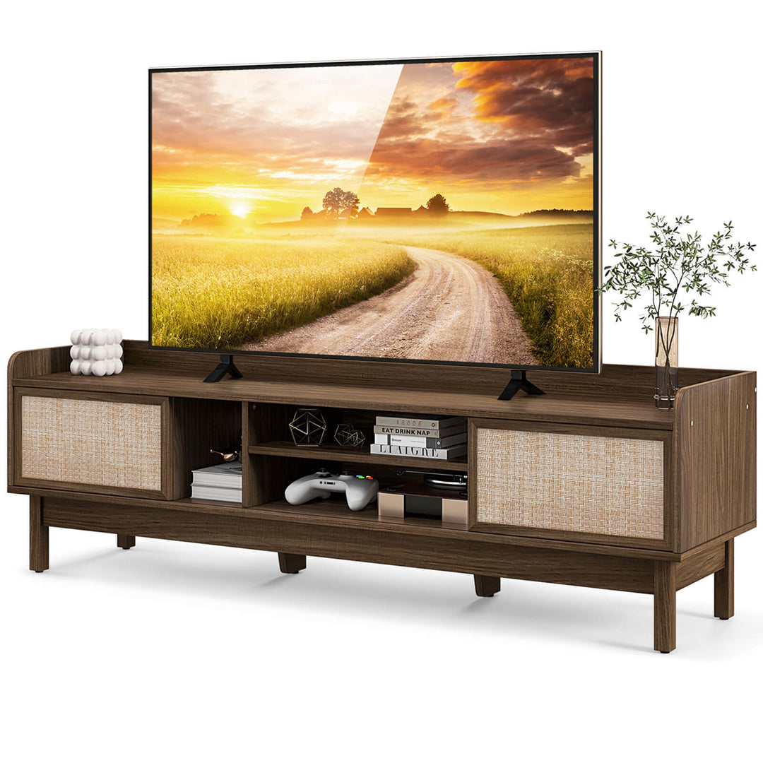 Costway - Wooden TV Stand for TVs up to 65" with Storage Adjustable Shelf & Sliding Doors Walnut - Walnut/Beige_0