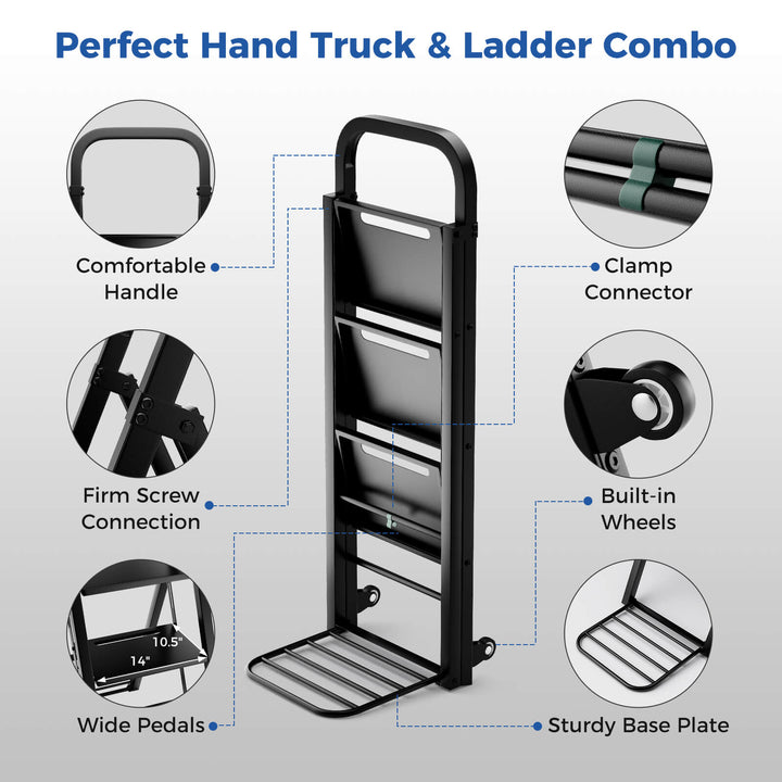 Costway - 2-in-1 Ladder and Hand Truck Combo Collapsible 3-Step Ladder with Wheels - Black_9