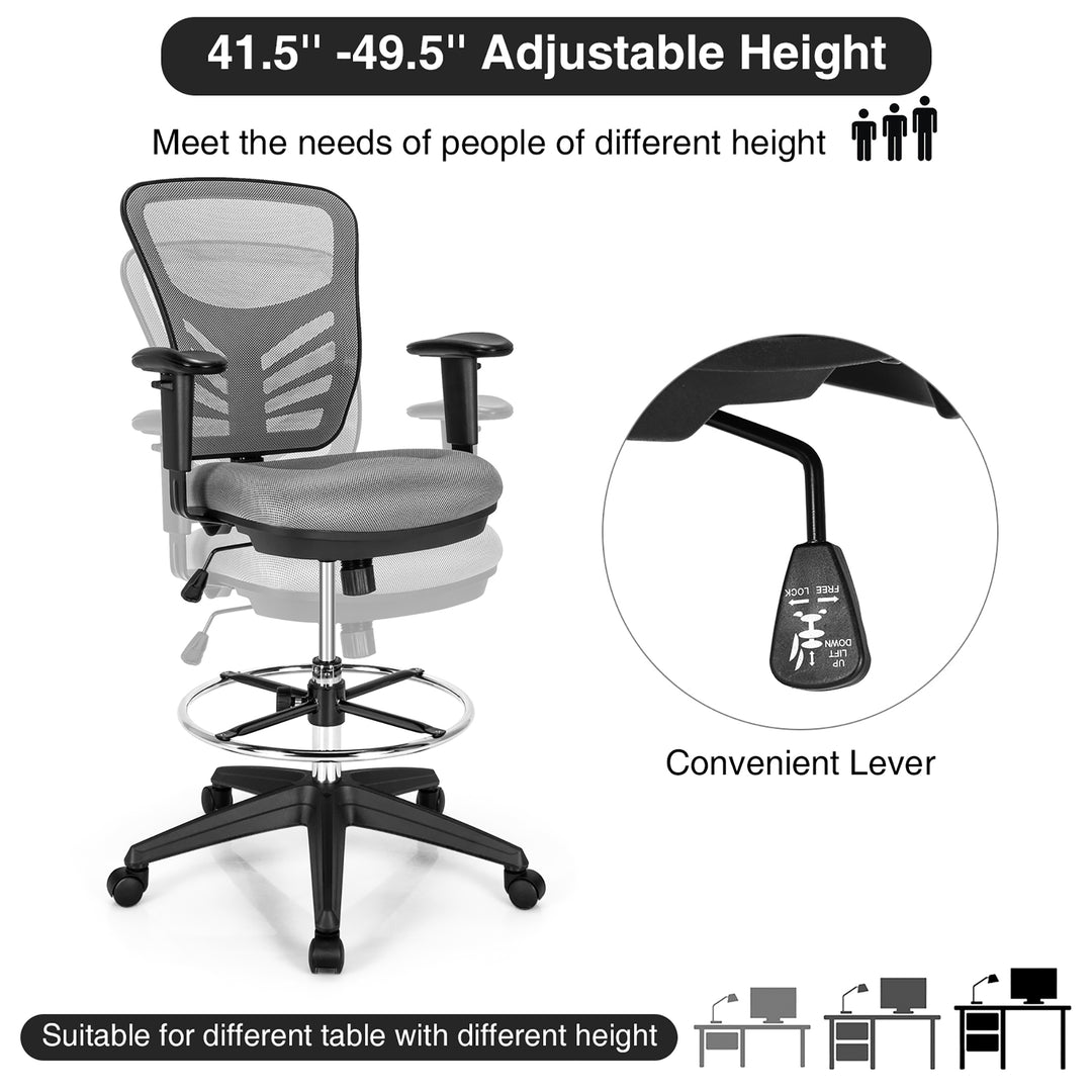 Costway - Mesh Drafting Chair Office Chair with Adjustable Armrests and Foot-Ring - Gray_7